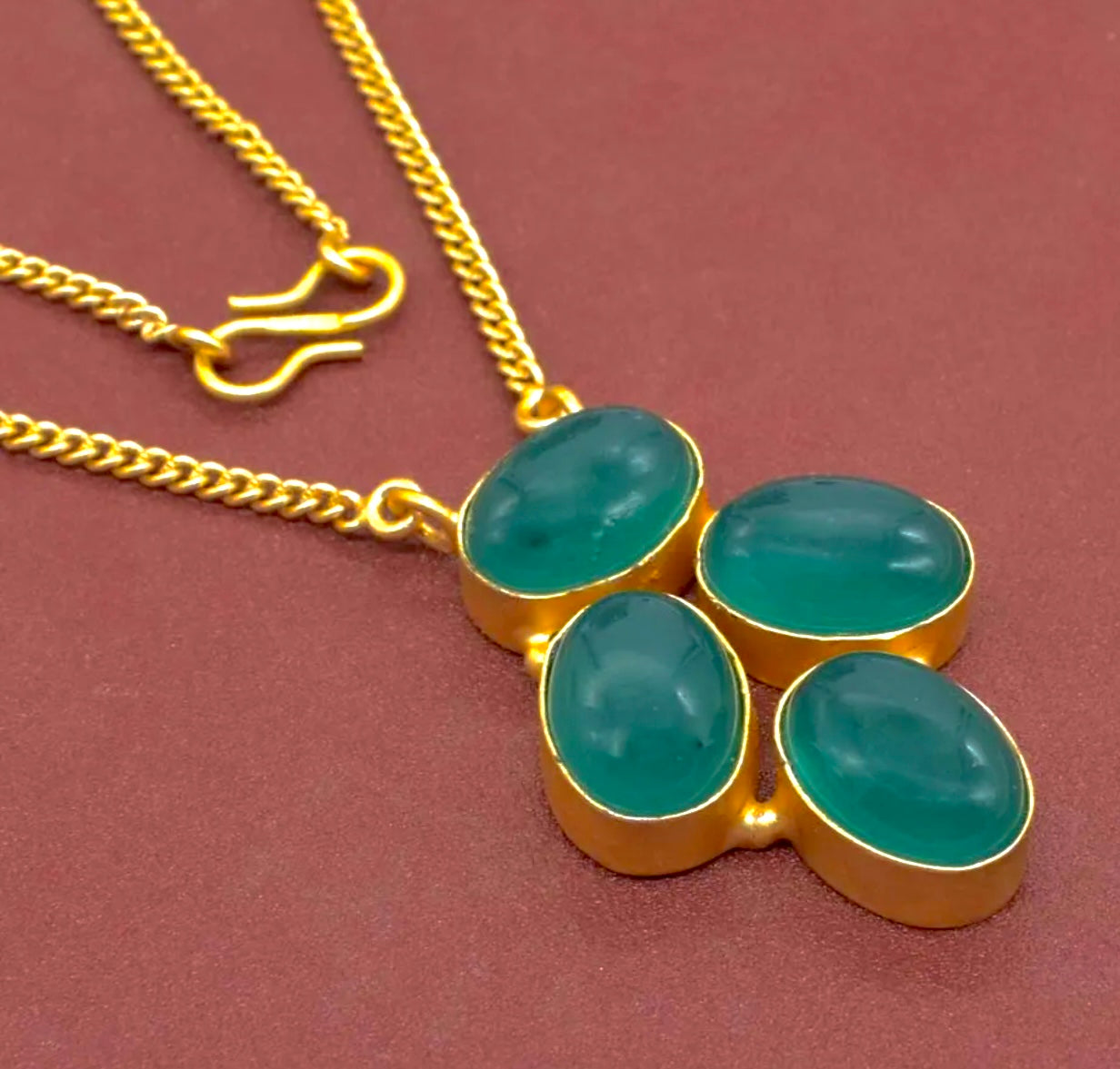 Gold Vermeil and Green Onyx Gemstone Pendant Necklace 18"