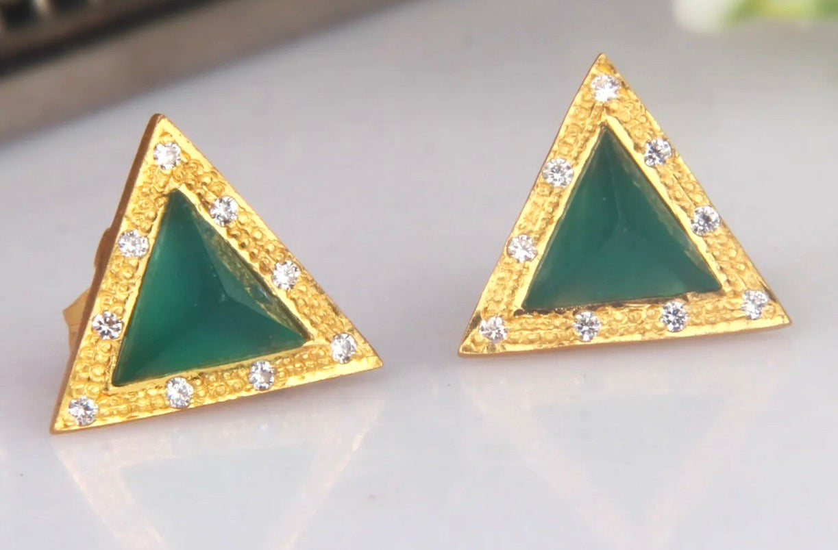 Petite Green Onyx & Zirconia Gemstones Triangle Gold Studs