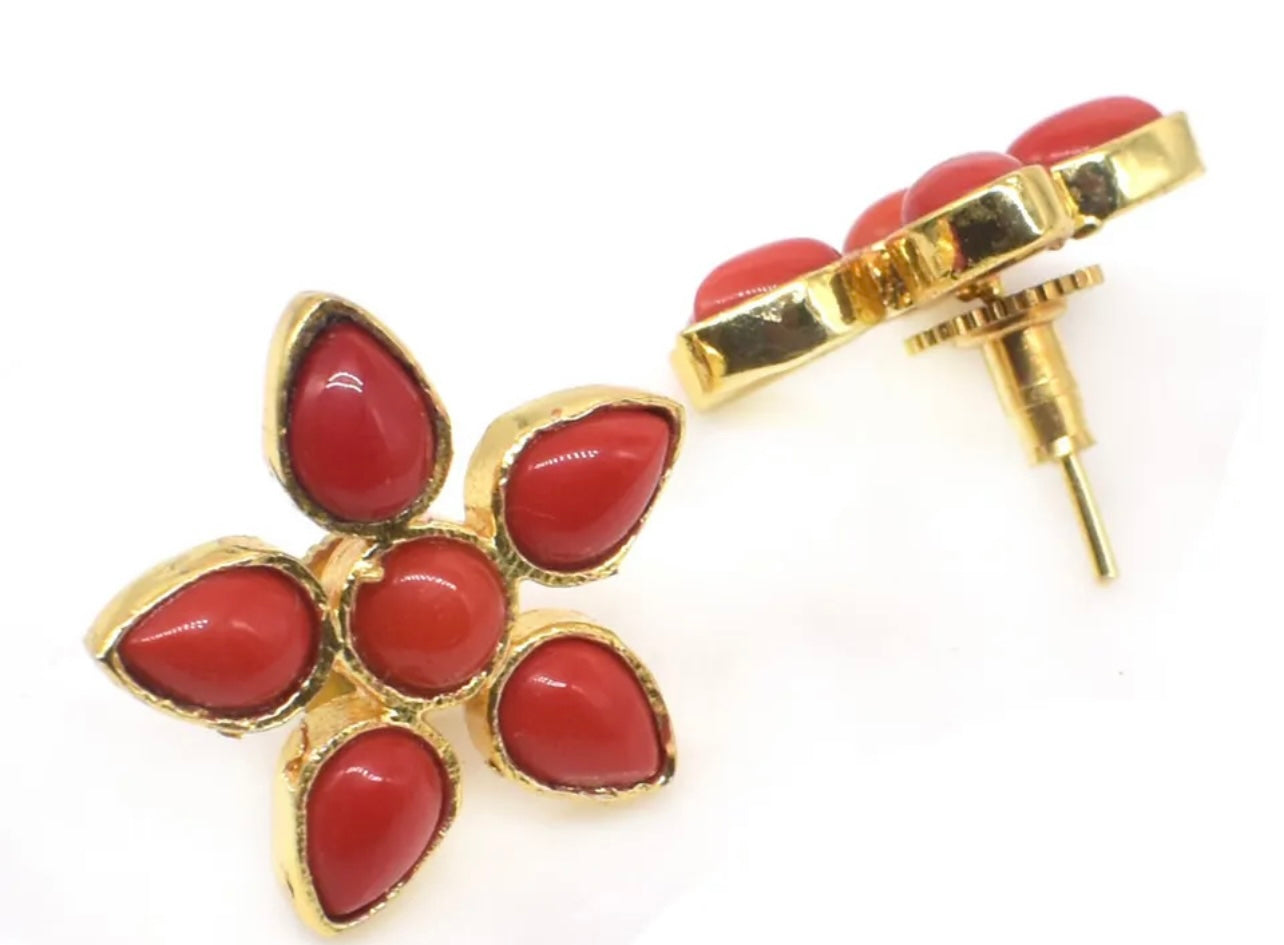 Red Coral Gemstone Flower Earrings 1”