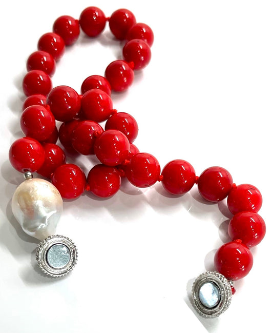 Red Coral & Baroque Pearl Gemstone Statement Necklace 18"
