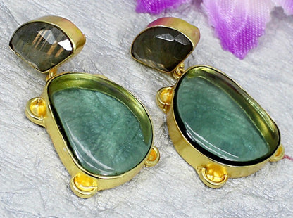 Green Amethyst and Labradorite Gemstone Statement Earrings 2.0”