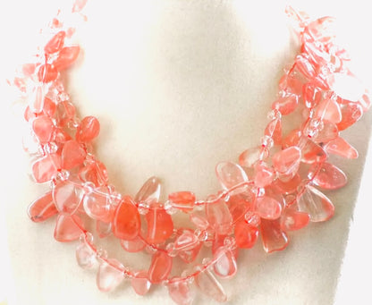 Pink Watermelon Quartz Gemstone Triple-Strand Statement Necklace 18”