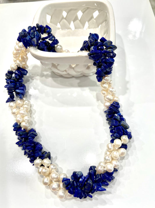 Lapis Lazuli Gemstones and Freshwater Pearls Gemstone Triple-Strand Statement Necklace 18