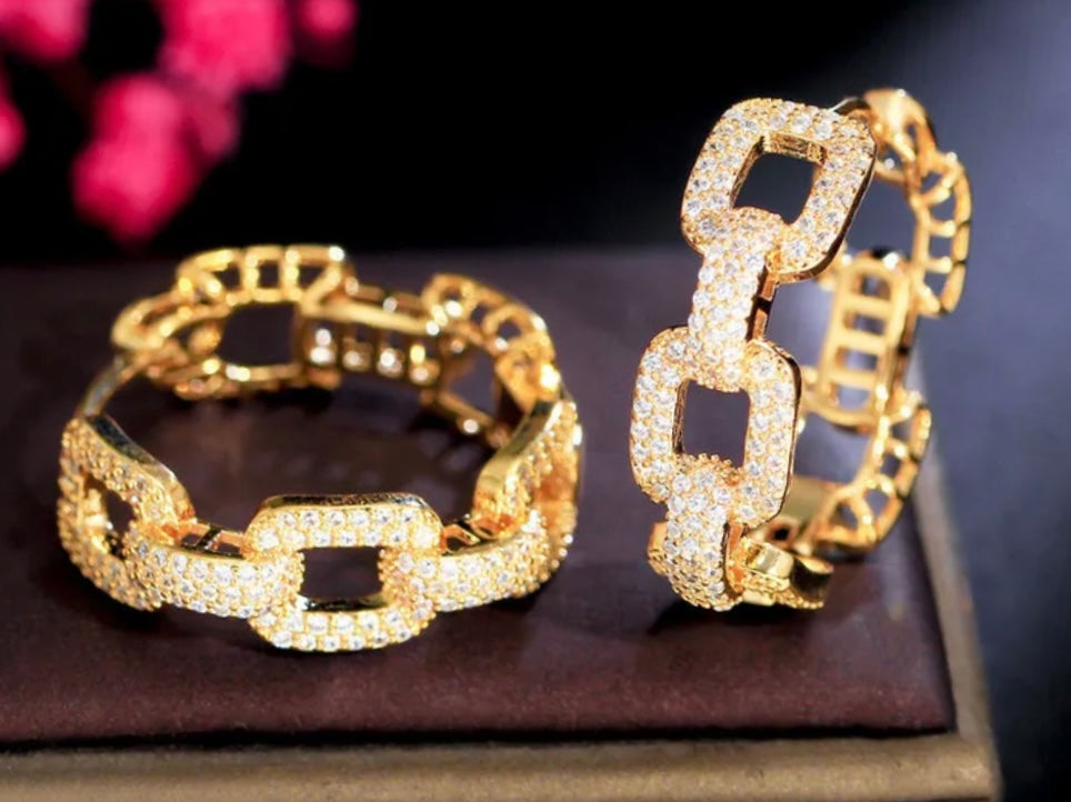 Gold Cz Cuban Chain Link Hoop Earrings 1”
