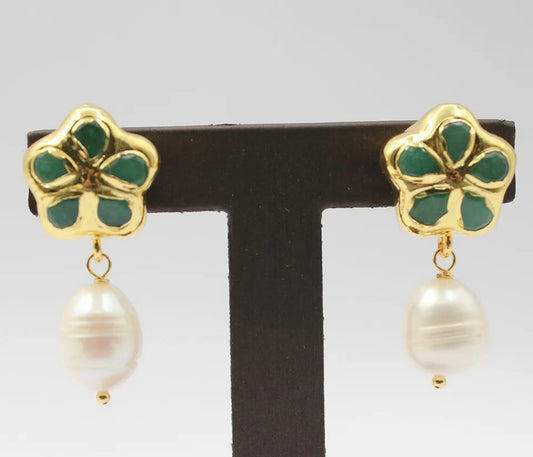 Jade Gemstones & Freshwater Pearls Stud Earrings 1.5”