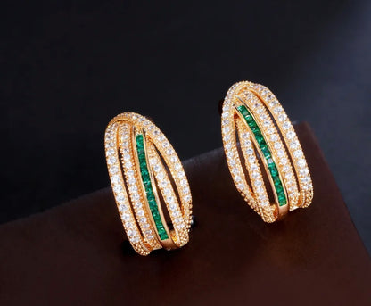 Dazzling Twisted Green & White Zirconia Pave Open Hoops 1.02”