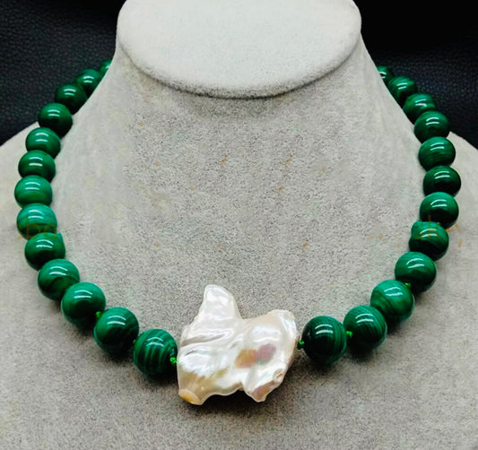Striking Green Malachite Gemstone Statement Necklace with Huge Baroque Pearl Pendant