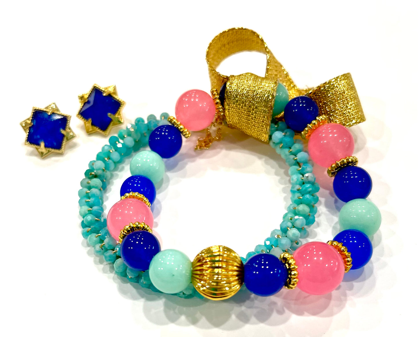 Colorful Amazonite, Chalcedony and Quartz Gemstone Bracelets and Earrings Set