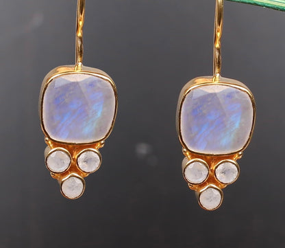 Blue Rainbow and White Moonstone Gemstone Gold Dangle Earrings 1.0"