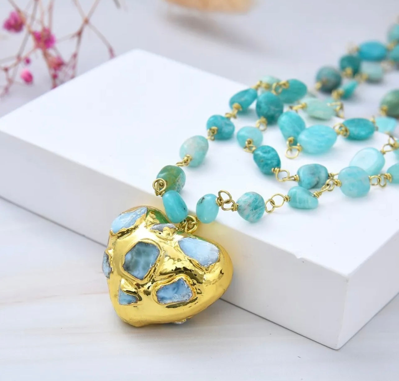 Triple-Strand Blue Larimar Gemstone Heart Pendant Necklace