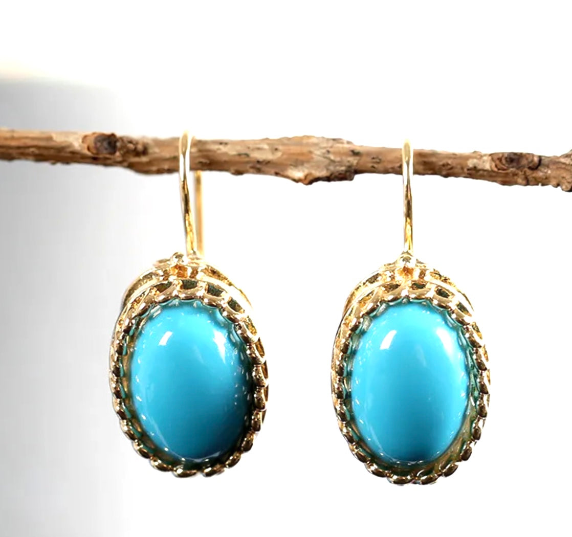 Vibrant Sleeping Beauty Turquoise Gold Dangle Earrings 1.25"