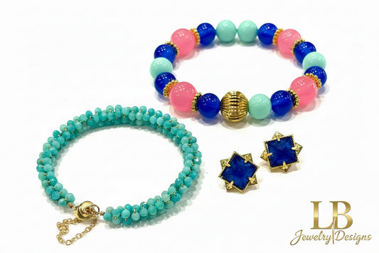Larimar, Amazonite & Blue Chalcedony Gemstone Jewelry Set – Bracelet Stack & Pyramid Stud Earrings