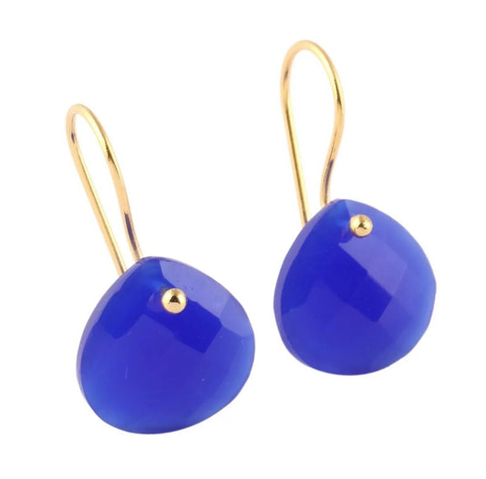 Briolette Royal Blue Chalcedony Gemstone Dangle Earrings 1”