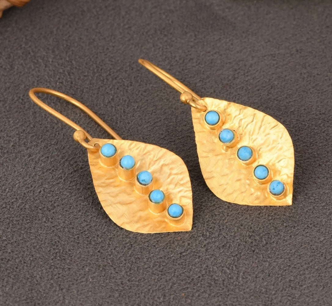 Hammered Gold Turquoise Leaf Earrings 1.0”