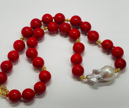 Red Coral & White Baroque Pearl Gemstone Statement Necklace 18"