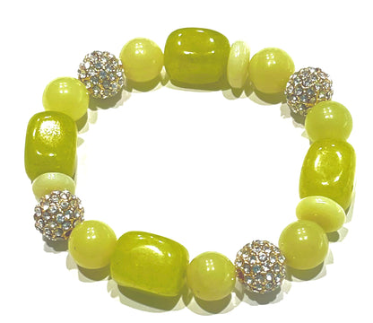 Modern Lime Green Jade Gold Pave Gemstones Beaded Bracelet