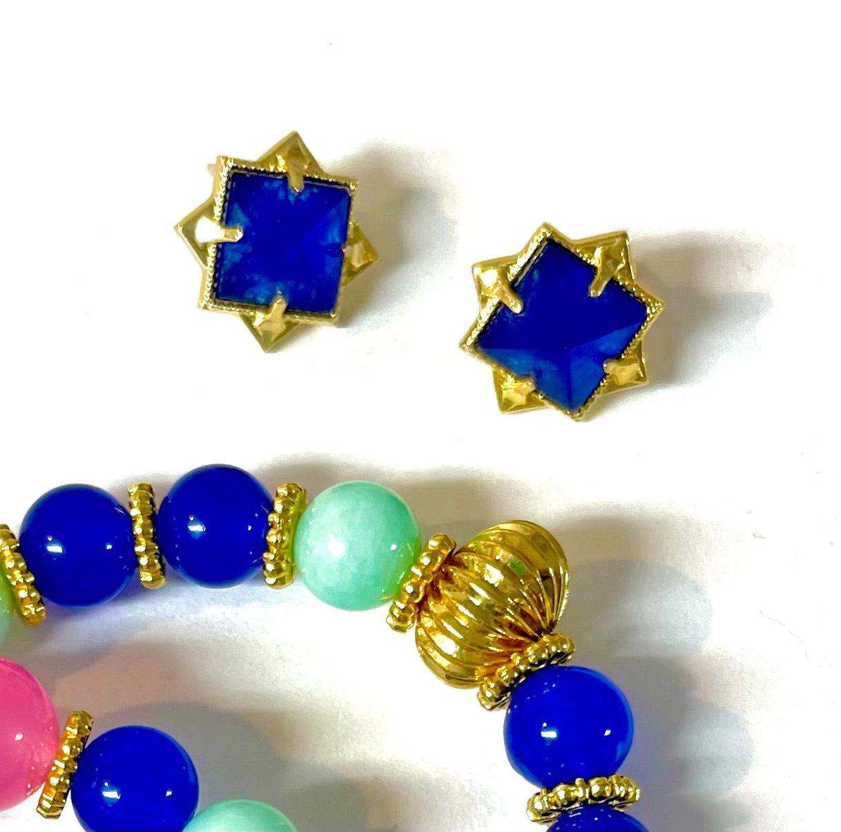 Pink Quartz, Blue Chalcedony, Amazonite Gemstone Bracelets and Earrings Set