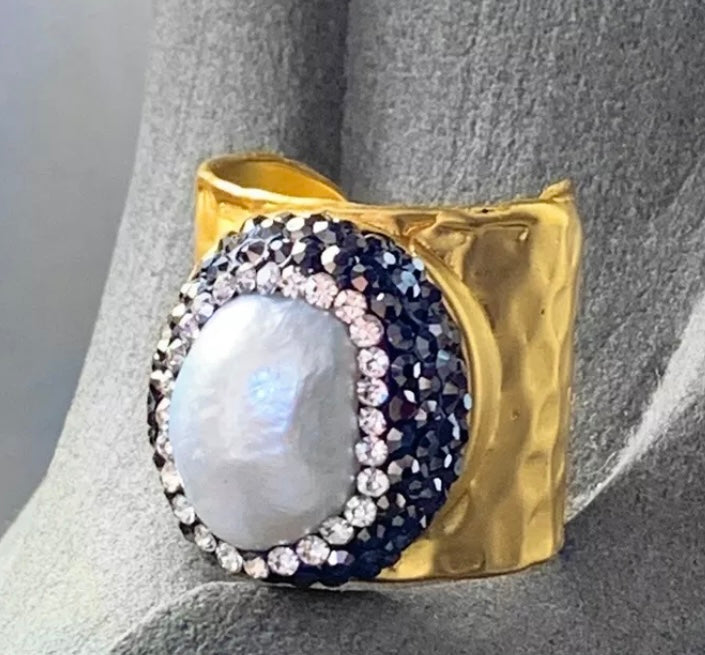 Cigar-Band Style Baroque Pearl Gold Pave Adjustable Statement Ring