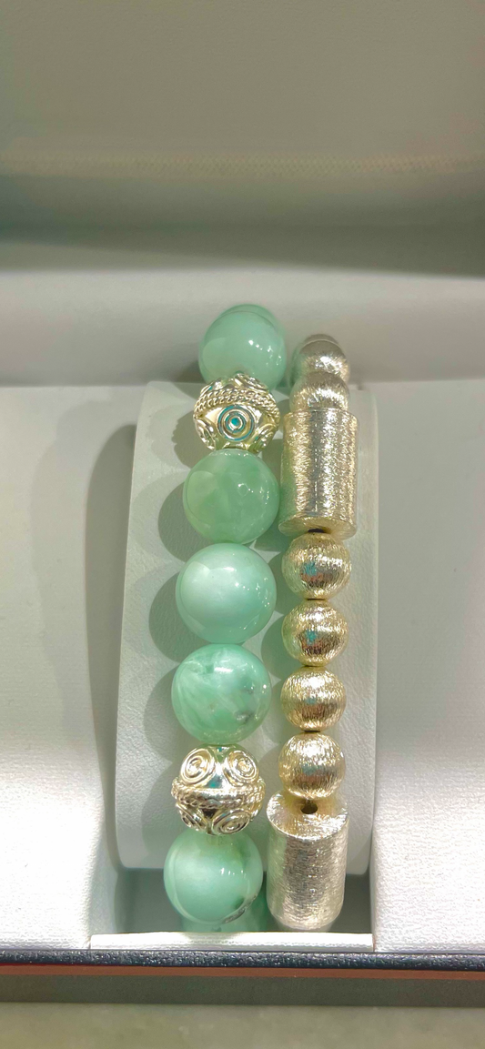 Amazonite Gemstone and Silver Bali Beaded Bracelet Stack
