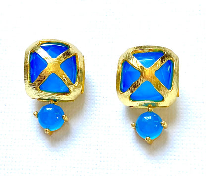 Criss Cross Blue Chalcedony Gemstone Gold Stud Earrings 1”