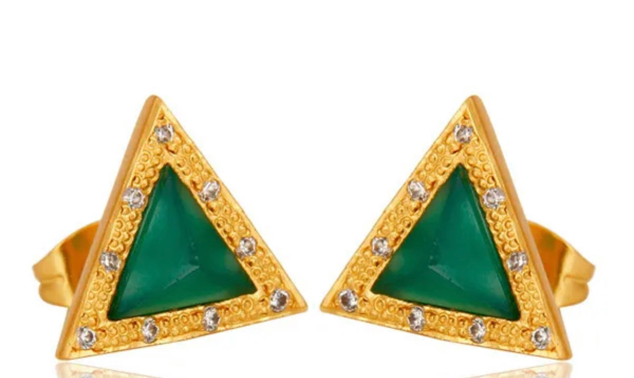 Petite Green Onyx & Zirconia Gemstones Triangle Gold Studs