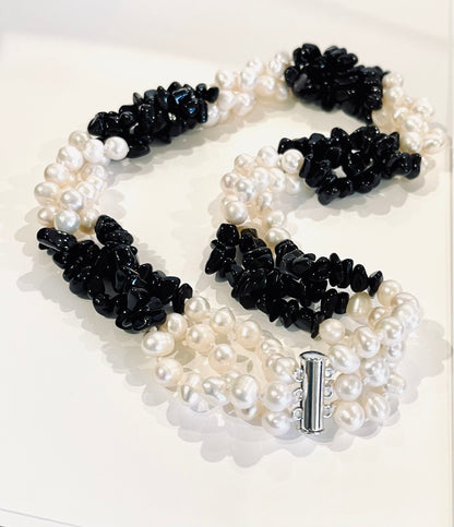 Black Onyx Gemstones and Freshwater Pearls  Triple-Strand Statement Necklace 19"