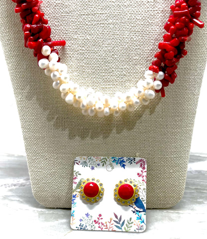 Red Coral & Freshwater Pearls Triple-Strand Statement Necklace 21"