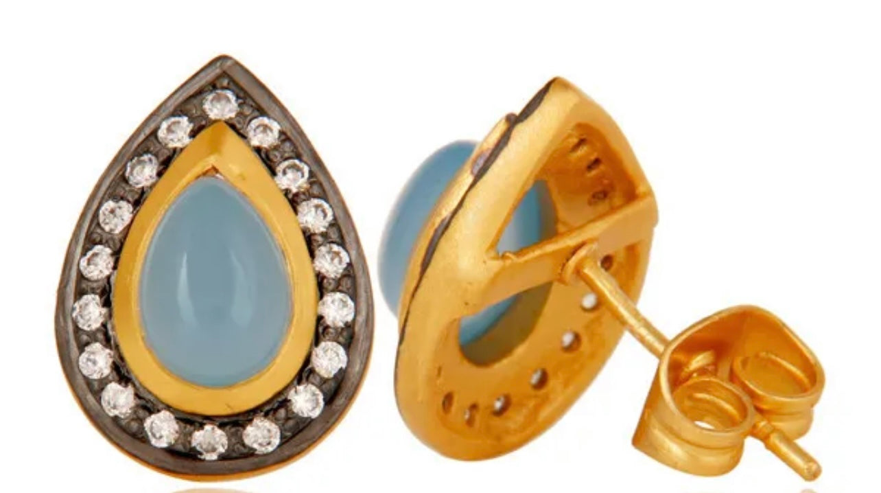 Pear-Shaped Aqua Chalcedony Pave Gemstone Earrings