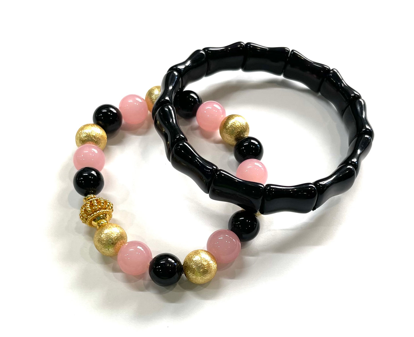 Pink Quartz and Black Onyx Gemstone Bracelet Stack