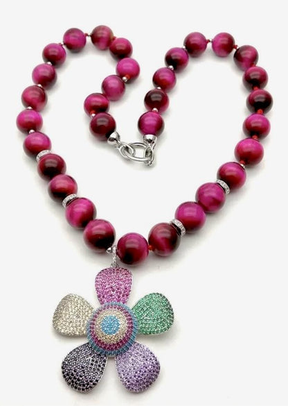 Vivid Pink Tiger’s Eye & Colorful Pave Flower Pendant Statement Necklace 24”