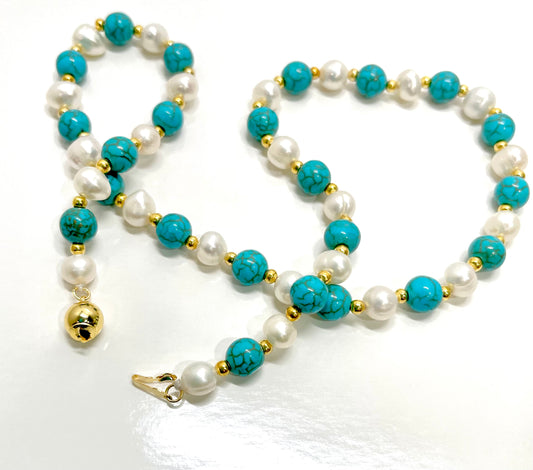 Genuine 7-8mm Natural Freshwater Pearl & Turquoise Necklace 18