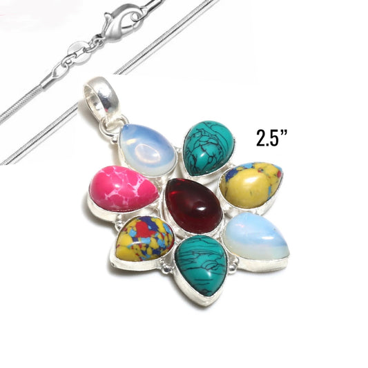 Sterling Silver Multi-Colored Turquoise, Jasper, Milky Opal, Garnet Gemstone Pendant Necklace 2.5