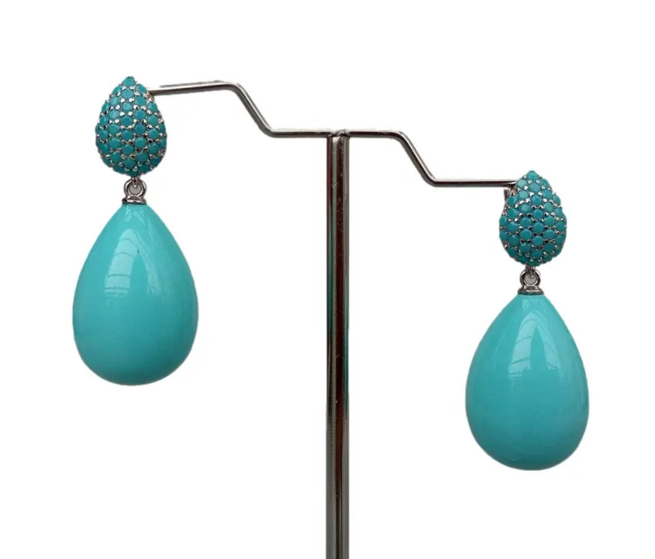 Sleeping Beauty Turquoise Teardrop Pave Stud Earrings 1.4”