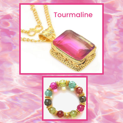 Colorful Tourmaline Pendant Gemstone Necklace and Beaded Bracelet Set