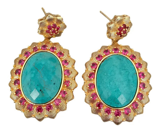 Blue Turquoise Gemstone and Pink Pave Bezel Set Statement Earrings 2