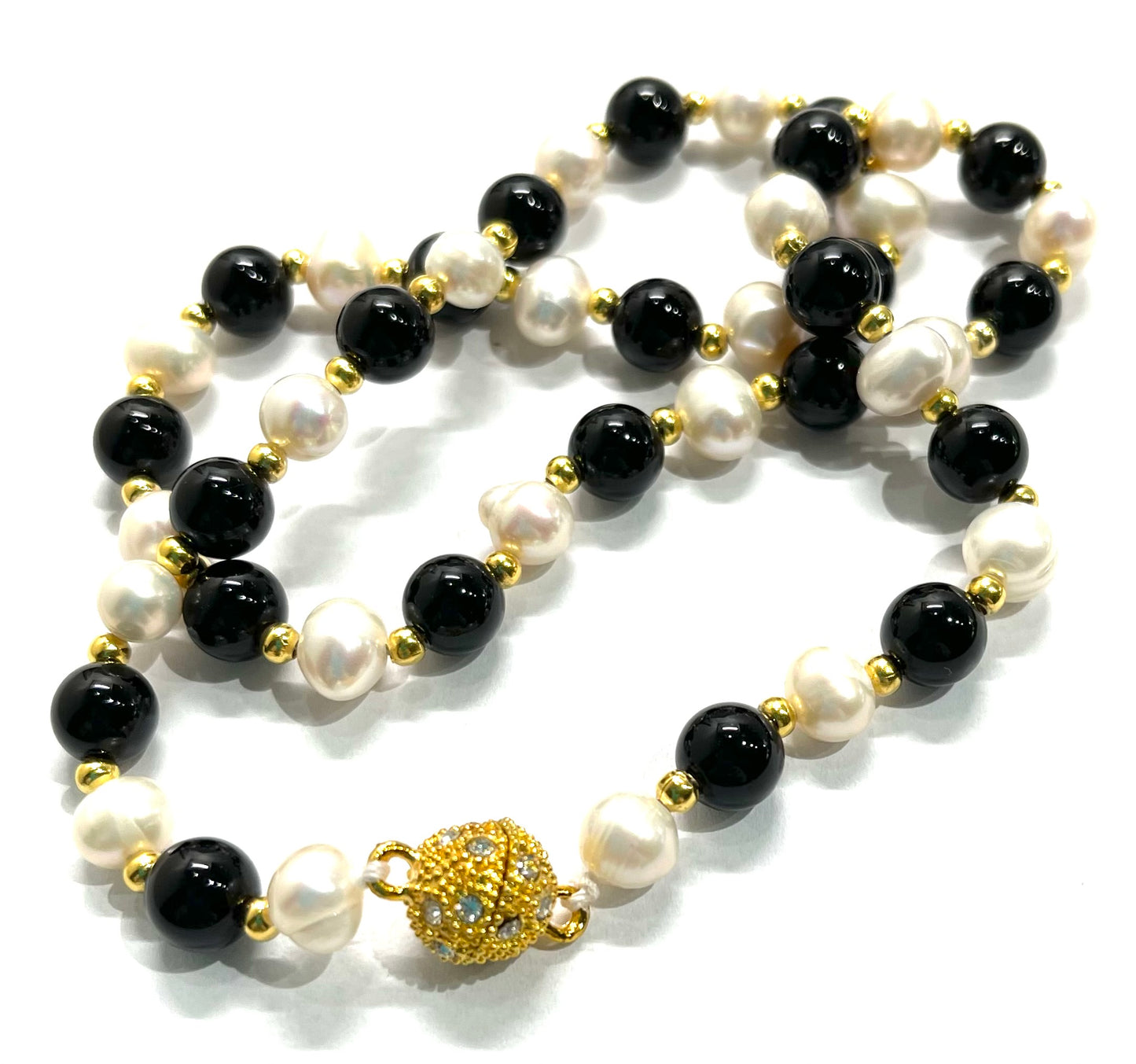 Dainty Black Onyx and Freshwater Pearl Gemstone Necklace 18”