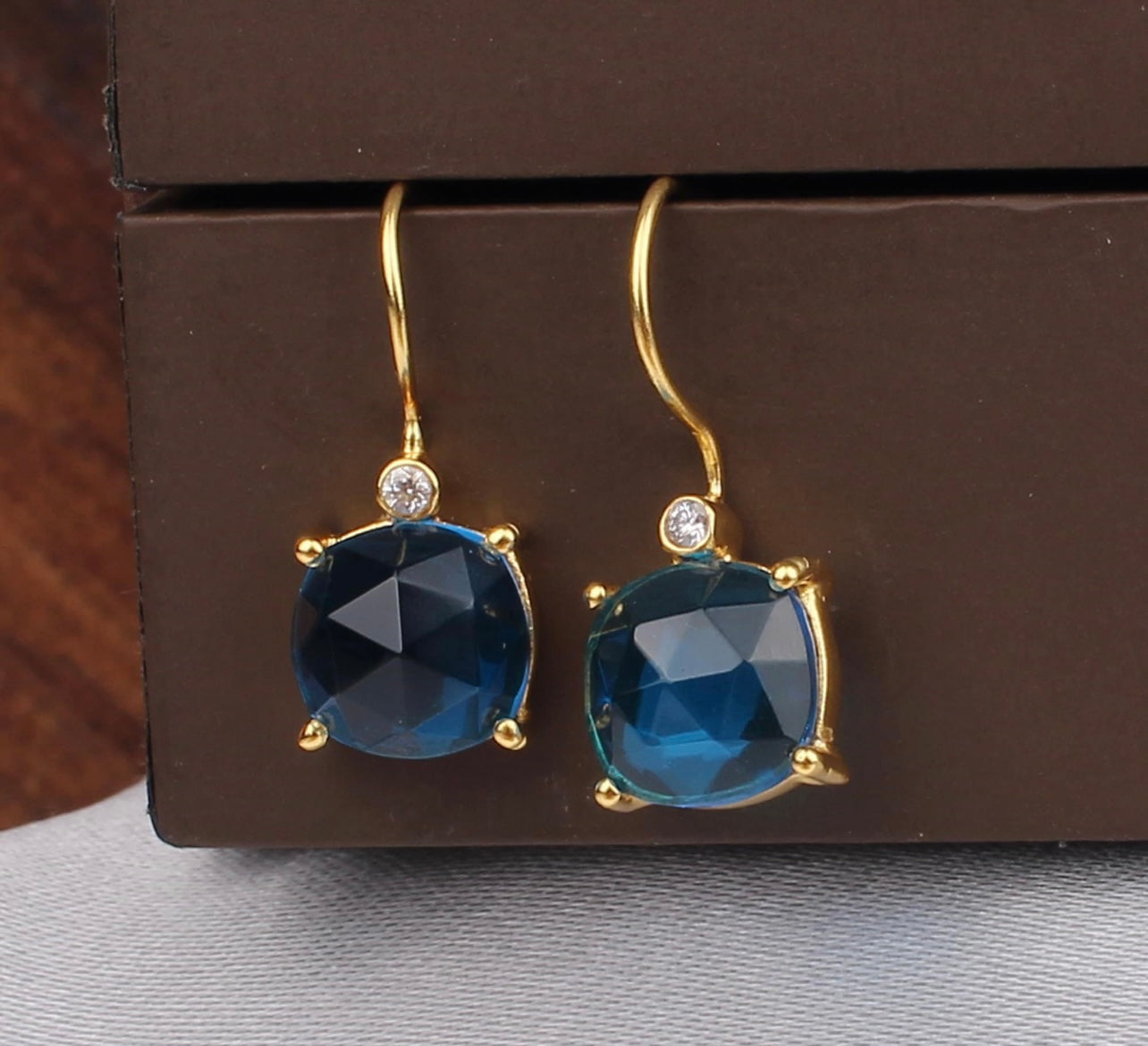 Swiss Blue Topaz Gemstone Gold Dangle Earrings 1.5”