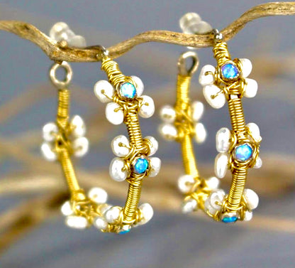 Blue Opal & Freshwater Pearl Gemstone Statement Hoop Earrings