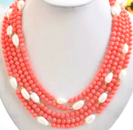 Pink Coral & Pearl Gemstone Statement Necklace 18” - 21”