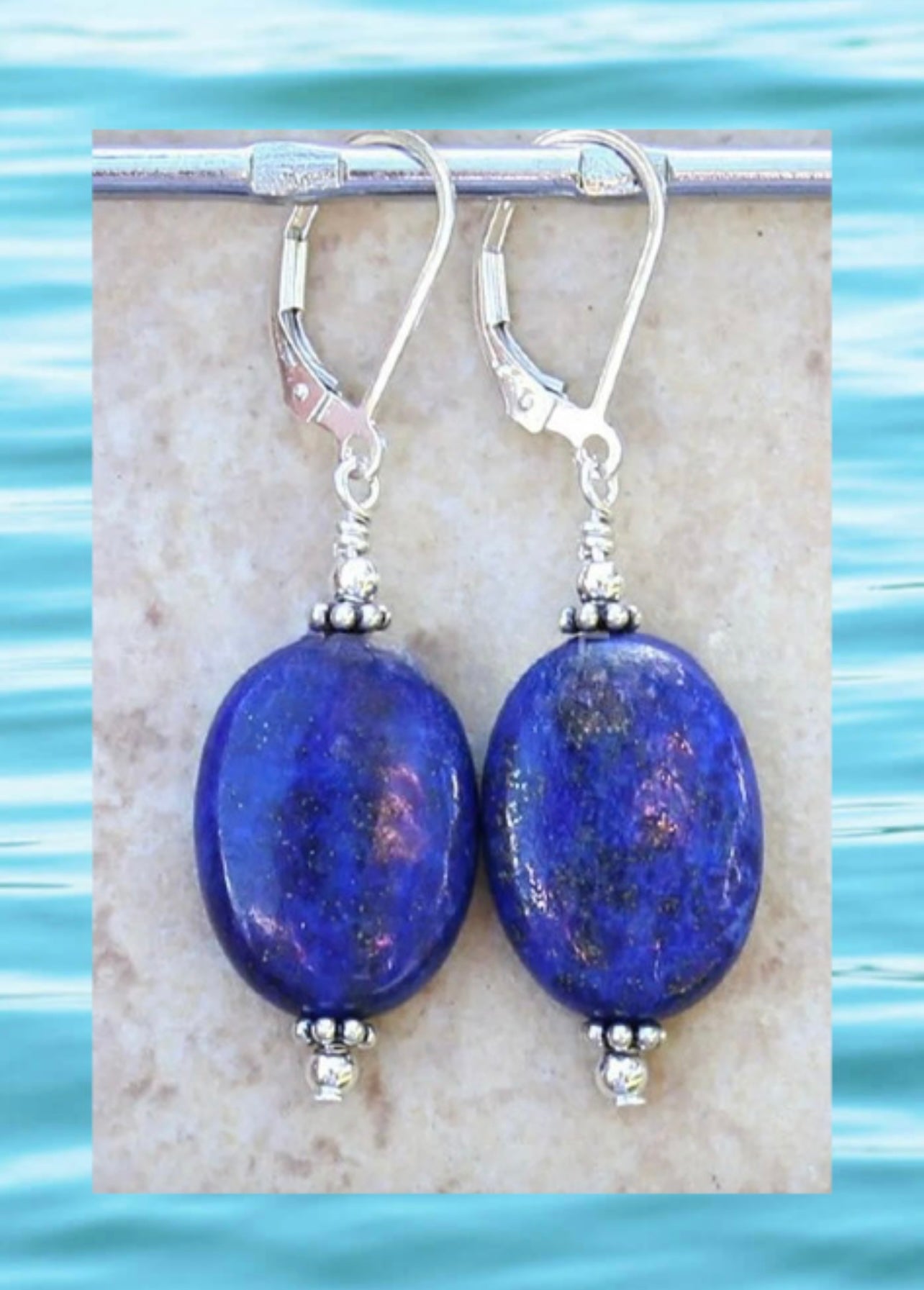 Blue Lapis Lazuli Gemstone Sterling Silver Dangle Earrings 2”