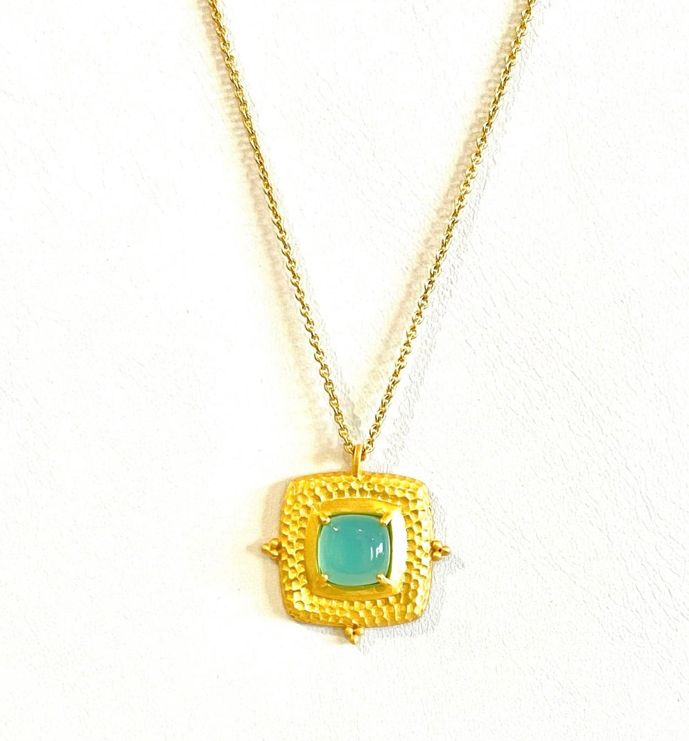 Aqua Chalcedony Gemstone 24k Gold Hammered Jewelry Set