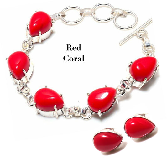 Sterling Silver Italian Red Coral Gemstone Chain Bracelet and Stud Earrings Set