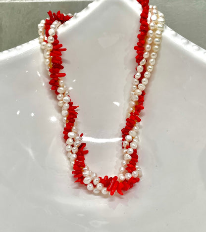 Triple-Strand Irregular Sapling-Shaped Coral and Pearl Statement Necklace