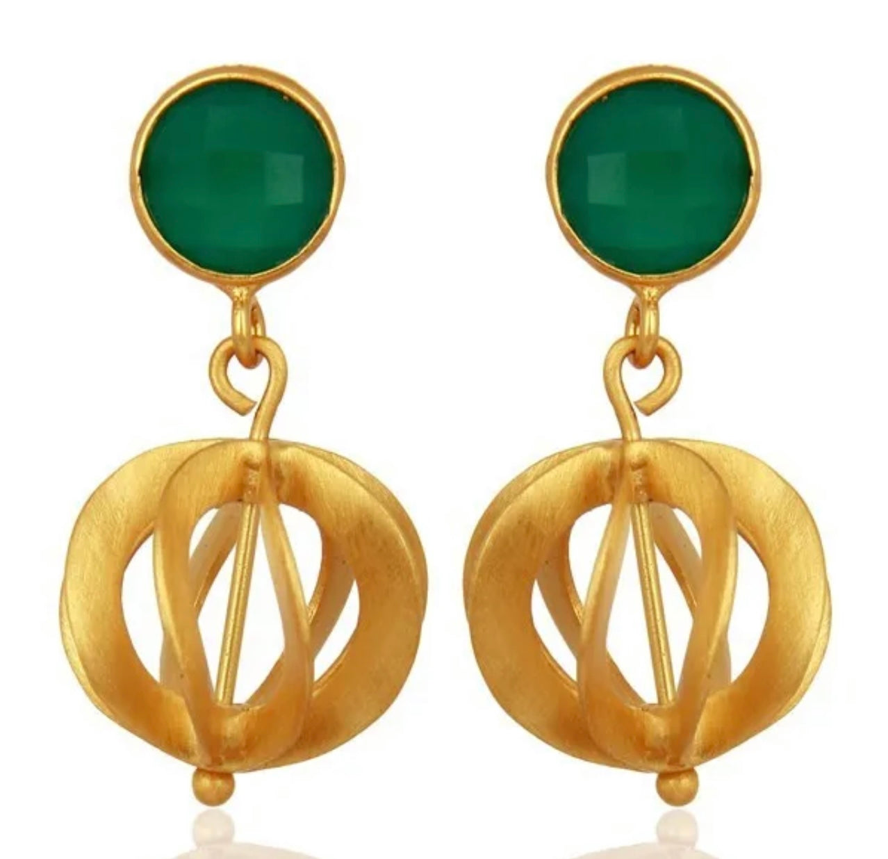 Green Onyx Gold Vermeil Filigree Dangle Earrings 1.18”