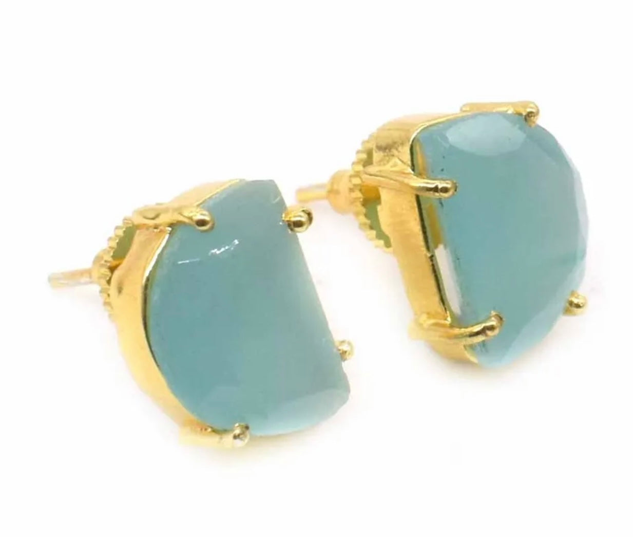 Aqua Chalcedony Demi-Sphere Shaped Gemstone Stud Earrings 1"