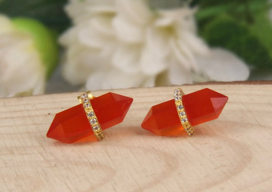 Orange Carnelian Pencil-Cut Gemstone Stud Earrings
