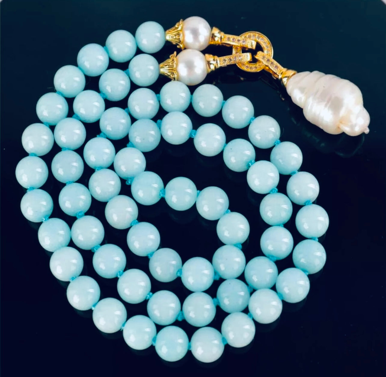 Rare Keshi Pearl Drop & Aquamarine Gemstone Double-Knotted Statement Necklace 18"