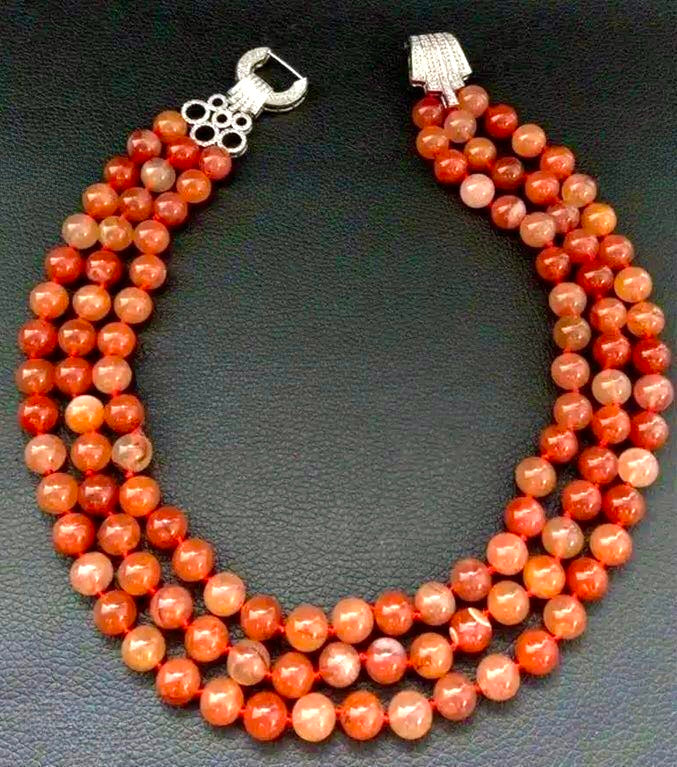 AAAA+ Triple-Strand Orange Carnelian Gemstone Statement Necklace