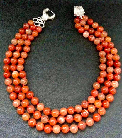 AAAA+ Triple-Strand Orange Carnelian Gemstone Statement Necklace