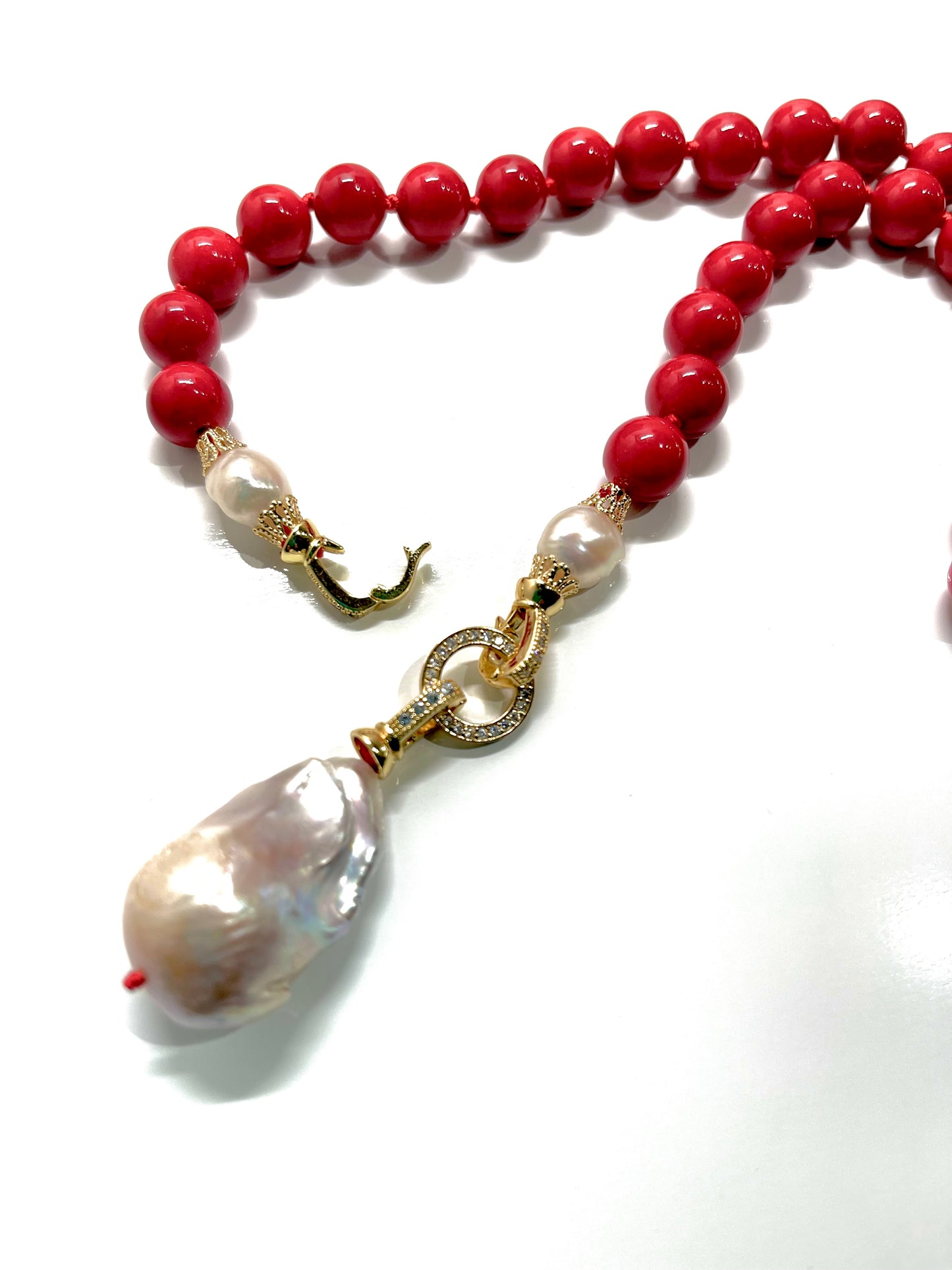 Rare Keshi Pearl and Red Gemstone Double-Knotted Statement Necklace 18"